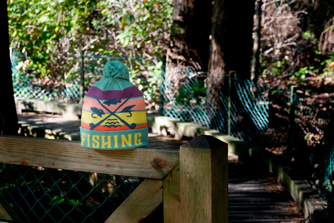 Fishing Knit Beanie Winter Hat with Pom Pom Crossed Rods Outdoor Angler Cabin Style
