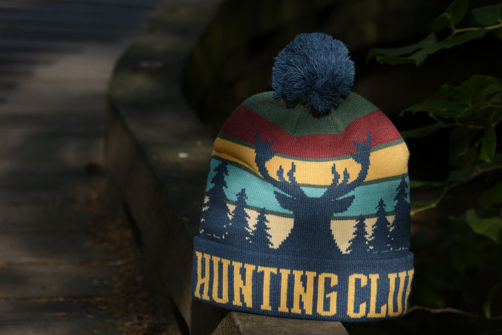 Hunting Club Knit Beanie with Pom Pom, Winter Hat for Outdoorsmen and Deer Season