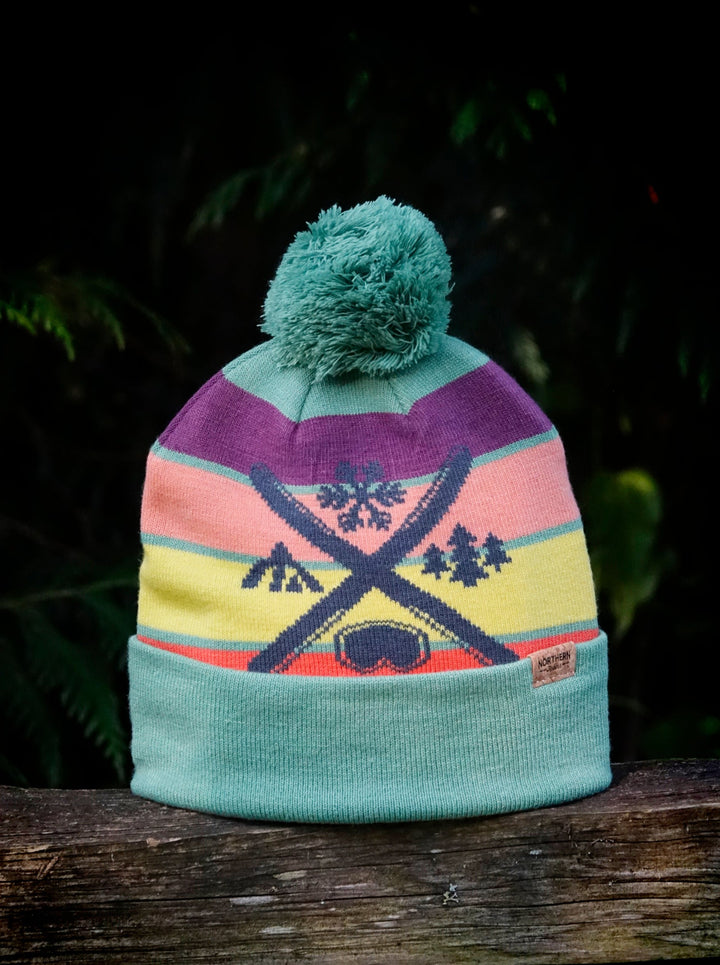 Ski Pattern Knit Beanie Winter Hat with Pom Pom Snowboarding Outdoor Souvenir