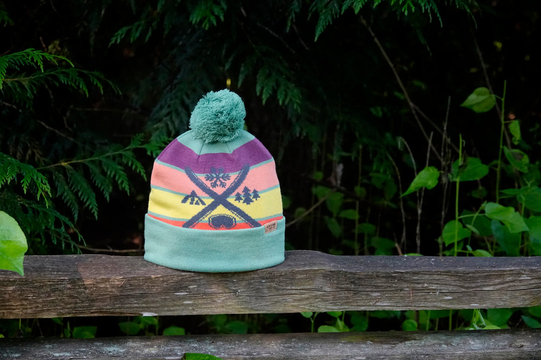 Ski Pattern Knit Beanie Winter Hat with Pom Pom Snowboarding Outdoor Souvenir