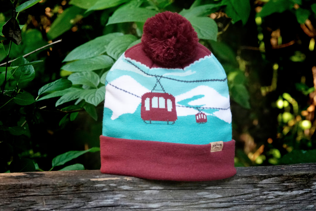 able Car Beanie Winter Knit Hat with Pom Pom Mountain Ski Resort Design