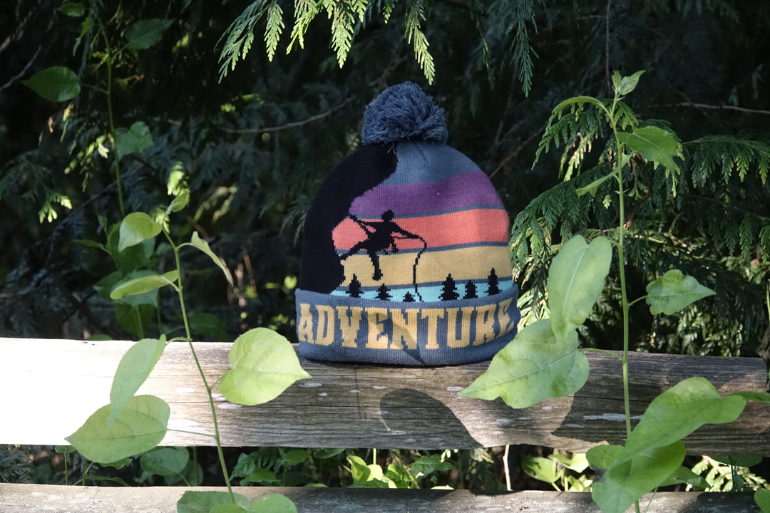 Adventure Beanie with Skiing Sunset Mountain Design, Warm Knit Hat for Outdoor Hiking