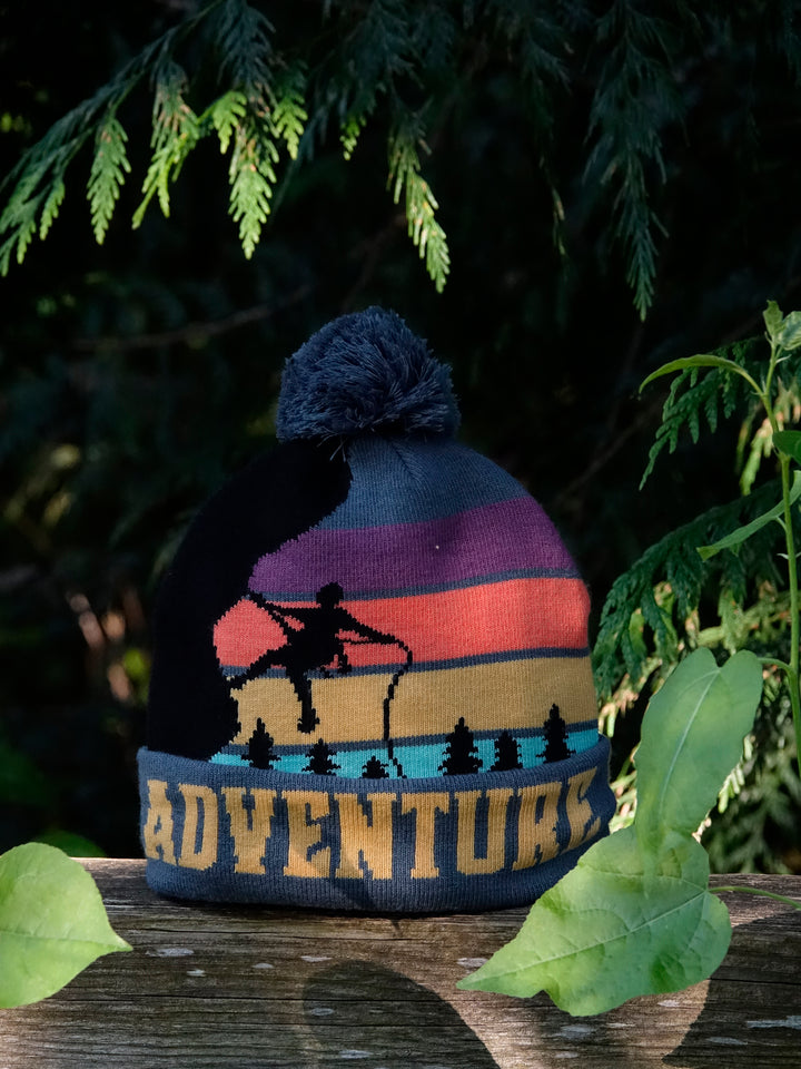 Adventure Beanie with Skiing Sunset Mountain Design, Warm Knit Hat for Outdoor Hiking