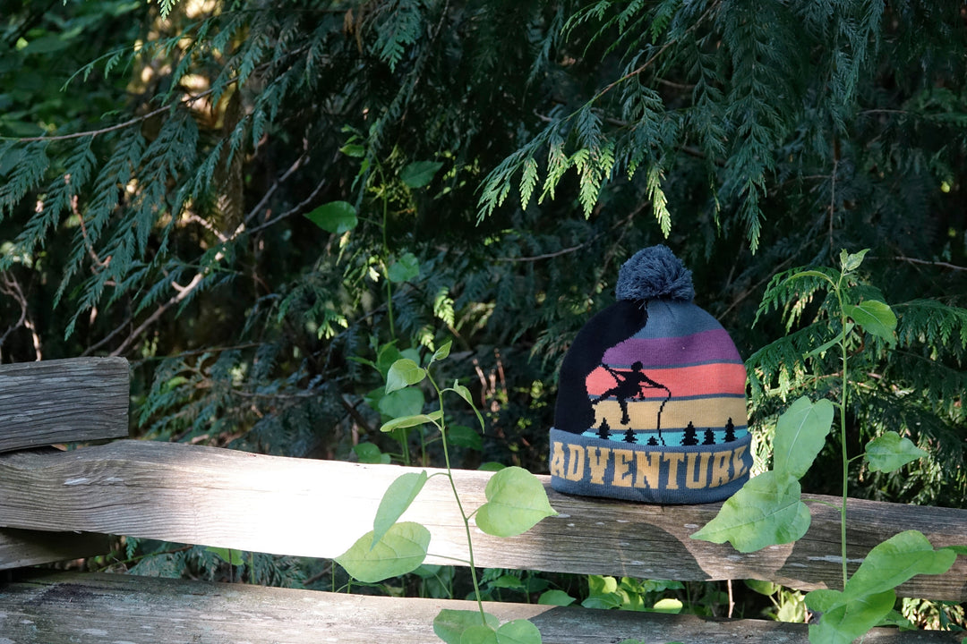 Adventure Beanie with Skiing Sunset Mountain Design, Warm Knit Hat for Outdoor Hiking