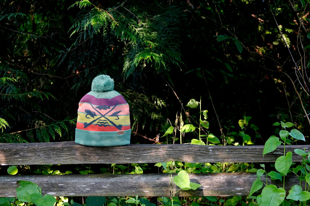 Fishing Knit Beanie Winter Hat with Pom Pom Crossed Rods Outdoor Angler Cabin Style