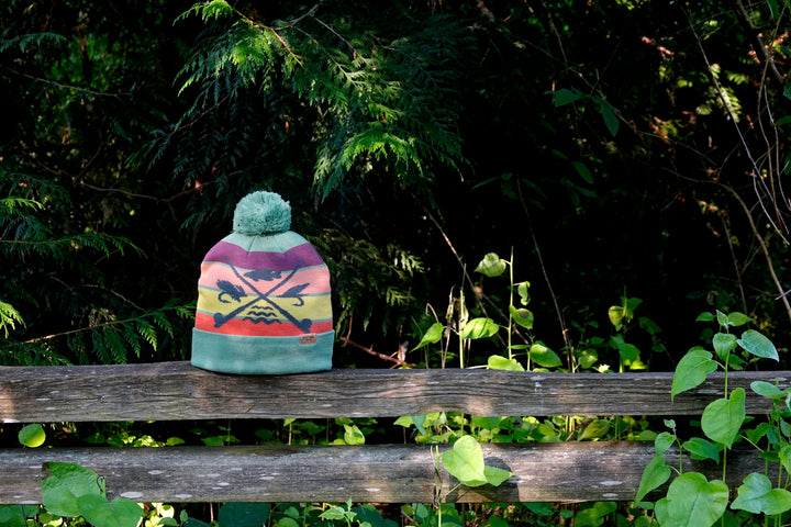 Fishing Knit Beanie Winter Hat with Pom Pom Crossed Rods Outdoor Angler Cabin Style