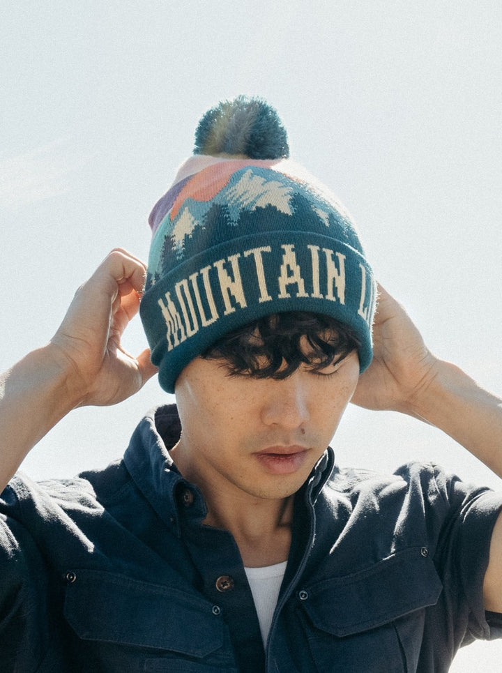 Mountain Life Knit Beanie with Pom Pom Winter Hat for Hiking Camping Outdoors