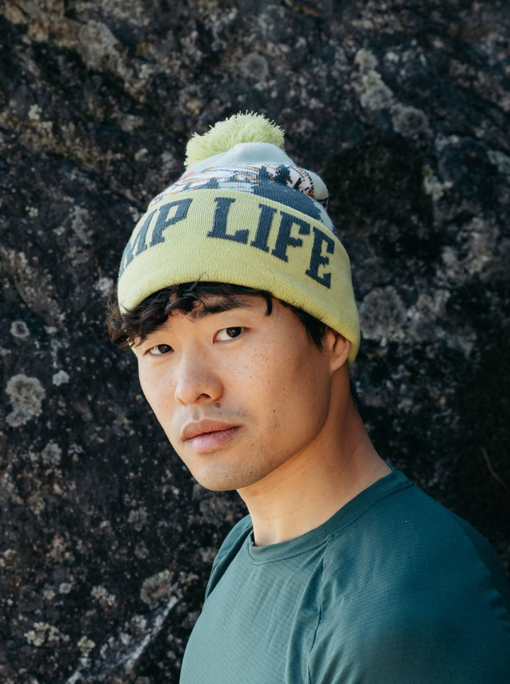 Camp Life Beanie Hat Outdoor Camping Knit Cap with Tent Mountain Sunset Pom Pom