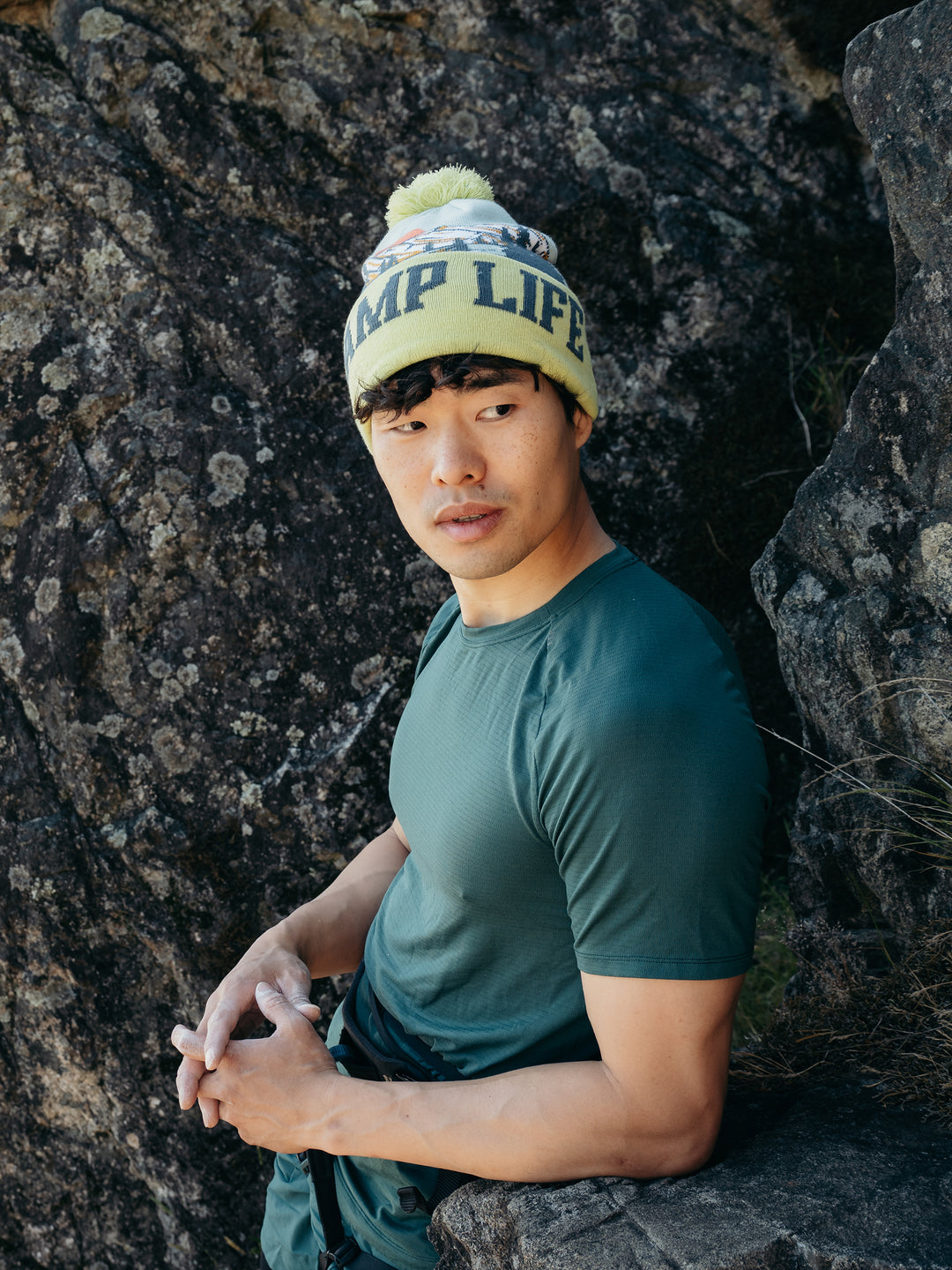 Camp Life Beanie Hat Outdoor Camping Knit Cap with Tent Mountain Sunset Pom Pom