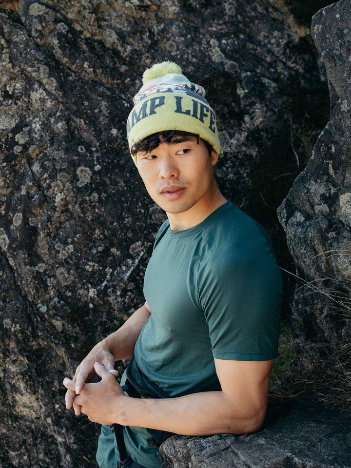 Camp Life Beanie Hat Outdoor Camping Knit Cap with Tent Mountain Sunset Pom Pom