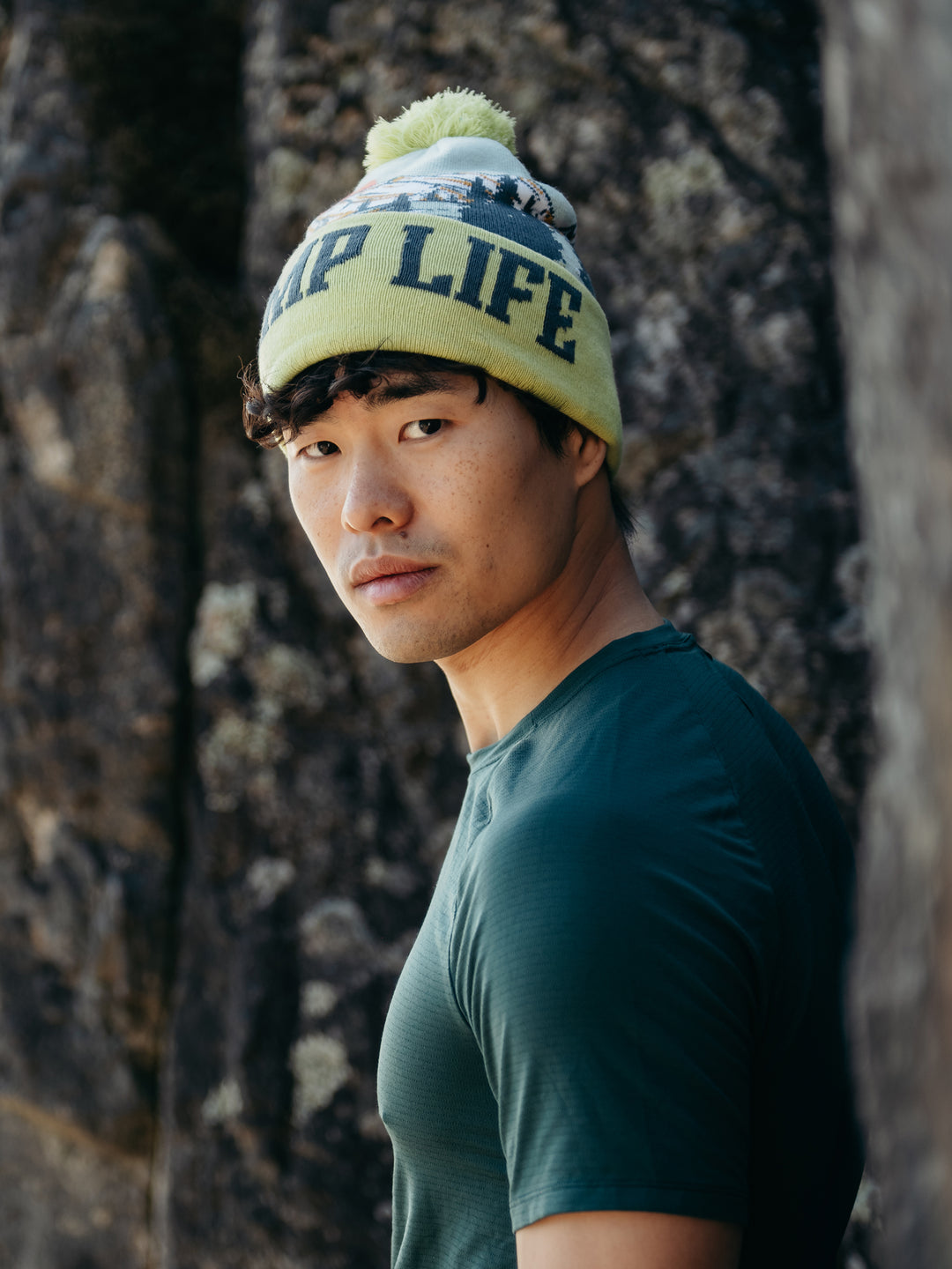 Camp Life Beanie Hat Outdoor Camping Knit Cap with Tent Mountain Sunset Pom Pom