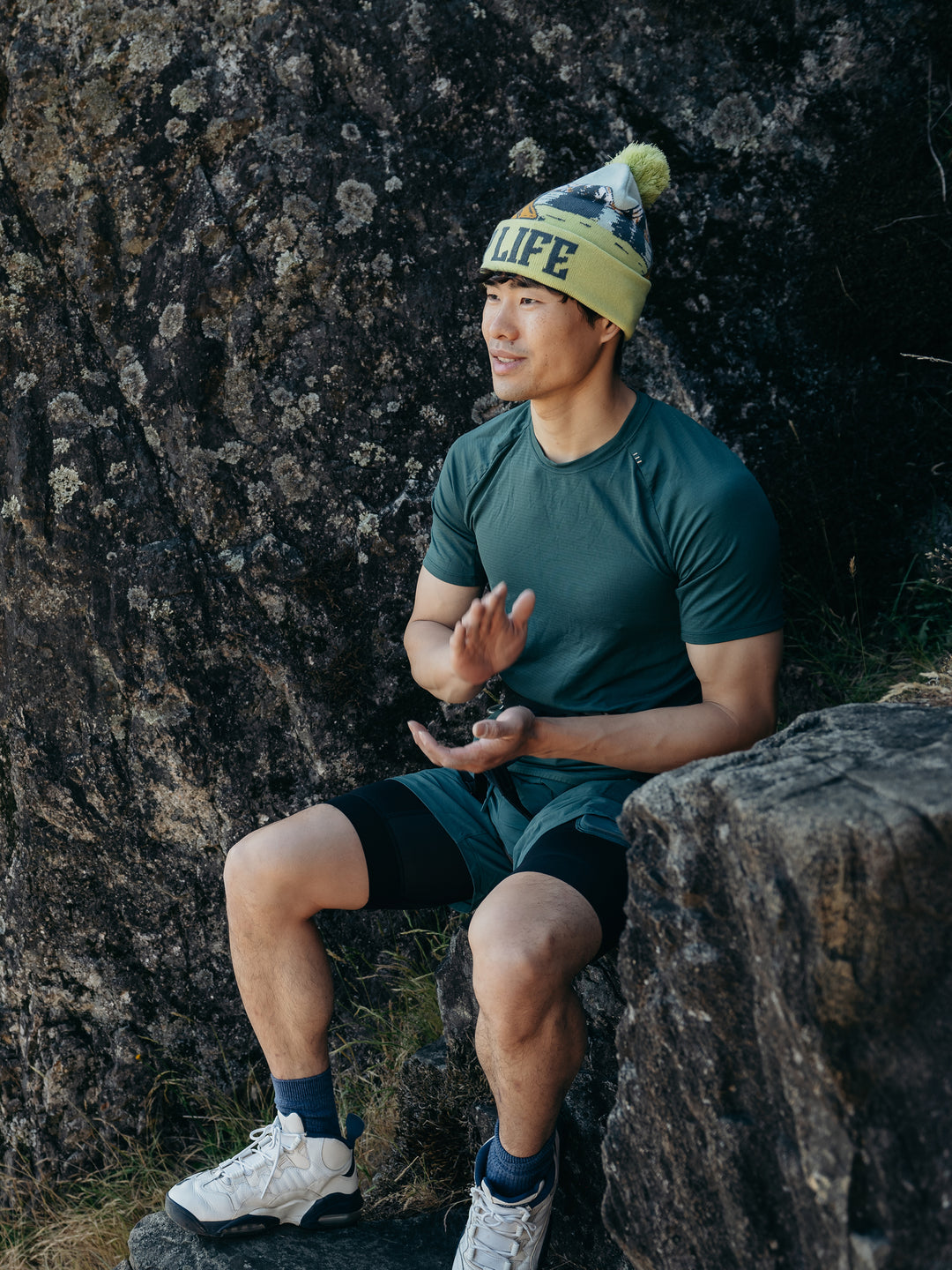Camp Life Beanie Hat Outdoor Camping Knit Cap with Tent Mountain Sunset Pom Pom