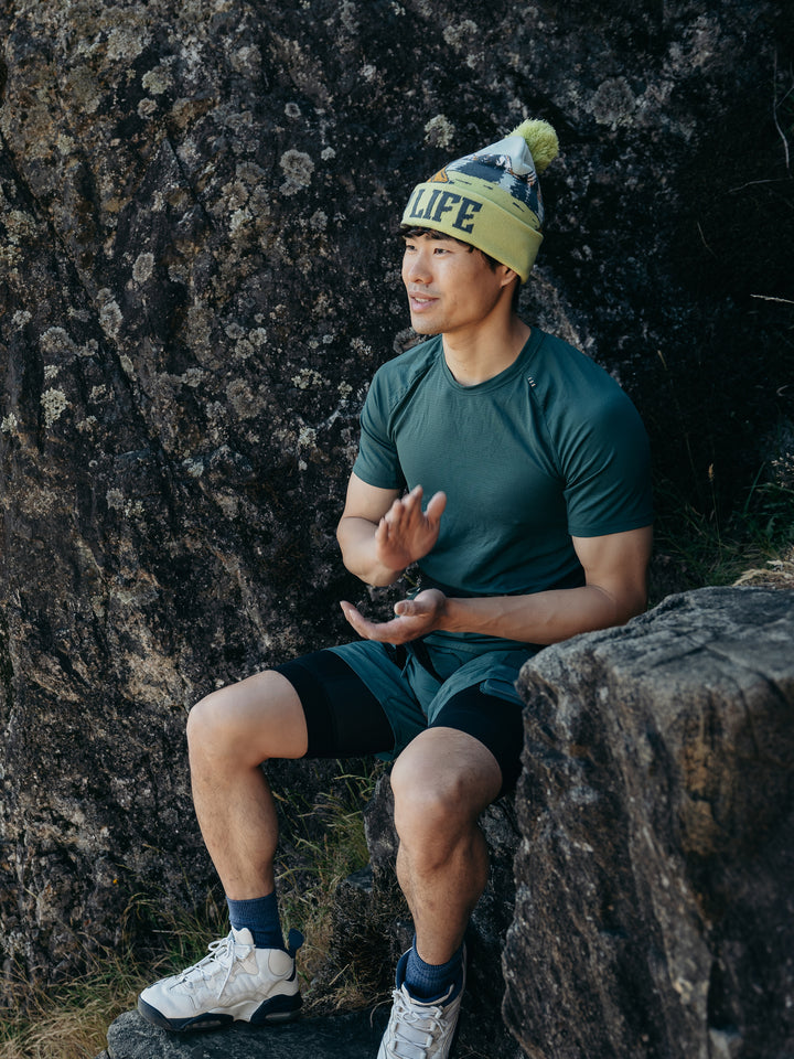 Camp Life Beanie Hat Outdoor Camping Knit Cap with Tent Mountain Sunset Pom Pom