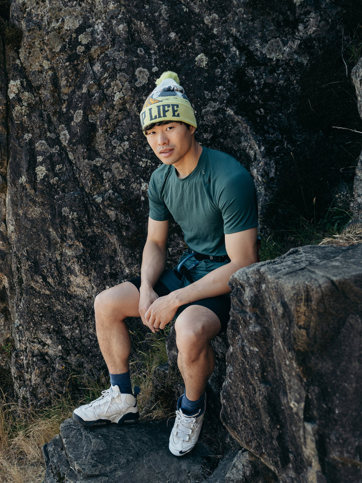 Camp Life Beanie Hat Outdoor Camping Knit Cap with Tent Mountain Sunset Pom Pom
