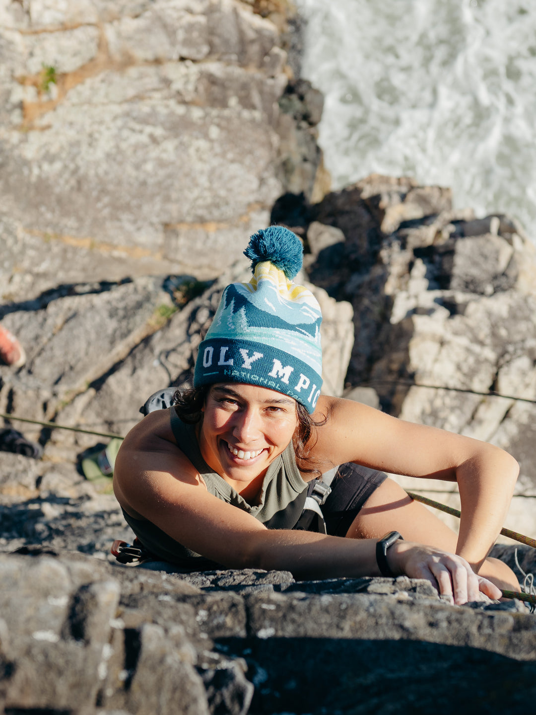 Olympic National Park Beanie Hat Outdoor Hiking Knit Cap with Mountain Sunrise Pom Pom