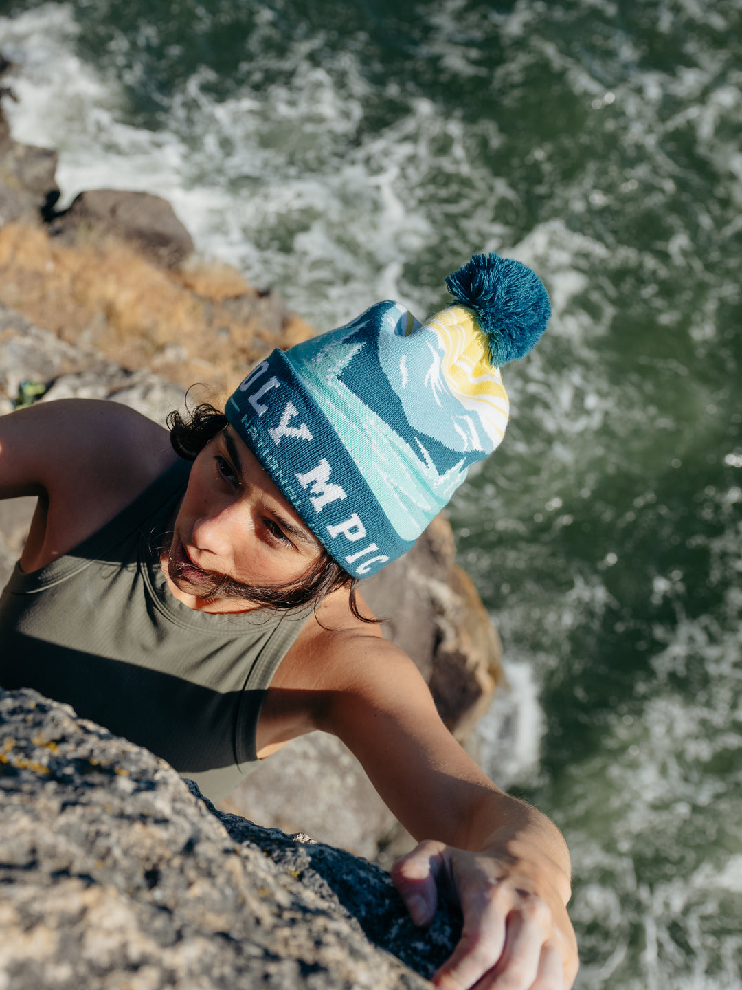 Olympic National Park Beanie Hat Outdoor Hiking Knit Cap with Mountain Sunrise Pom Pom