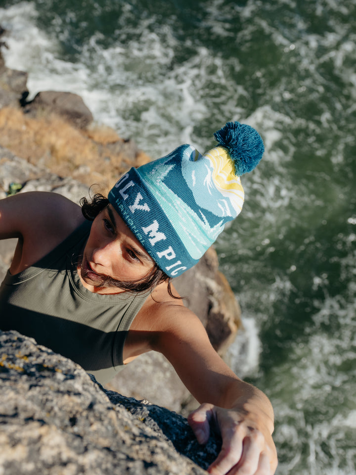 Olympic National Park Beanie Hat Outdoor Hiking Knit Cap with Mountain Sunrise Pom Pom