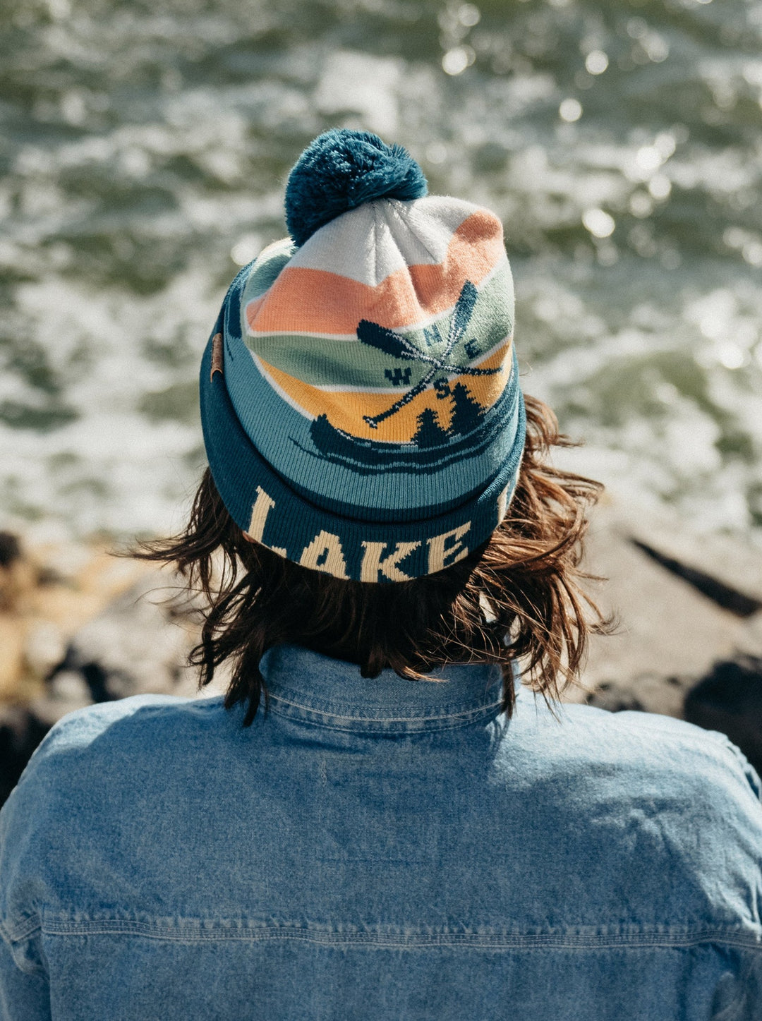 Lake Life Knit Beanie with Pom Pom Winter Hat Outdoor Canoe Adventure