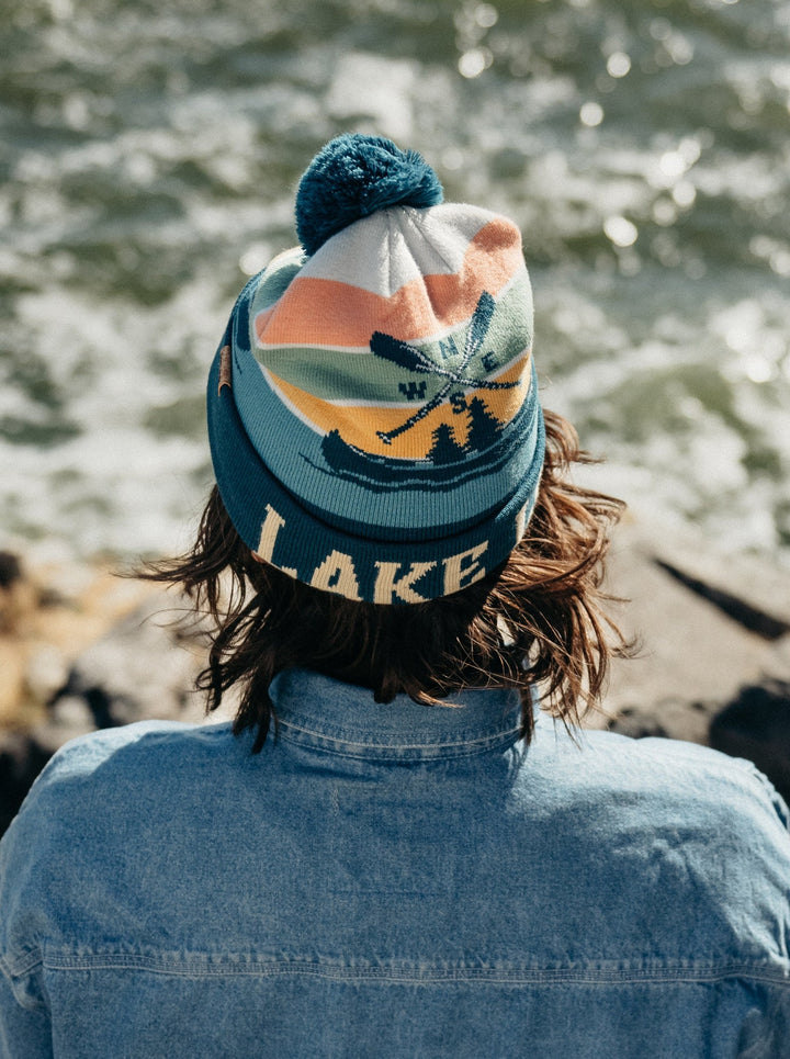 Lake Life Knit Beanie with Pom Pom Winter Hat Outdoor Canoe Adventure