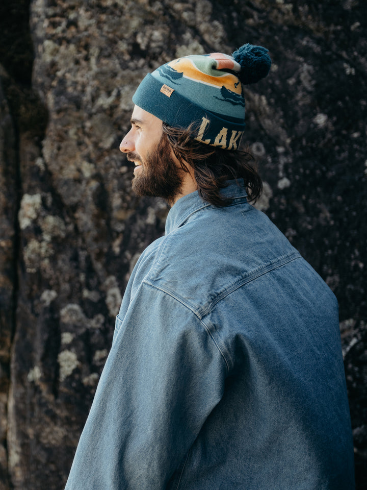 Lake Life Knit Beanie with Pom Pom Winter Hat Outdoor Canoe Adventure