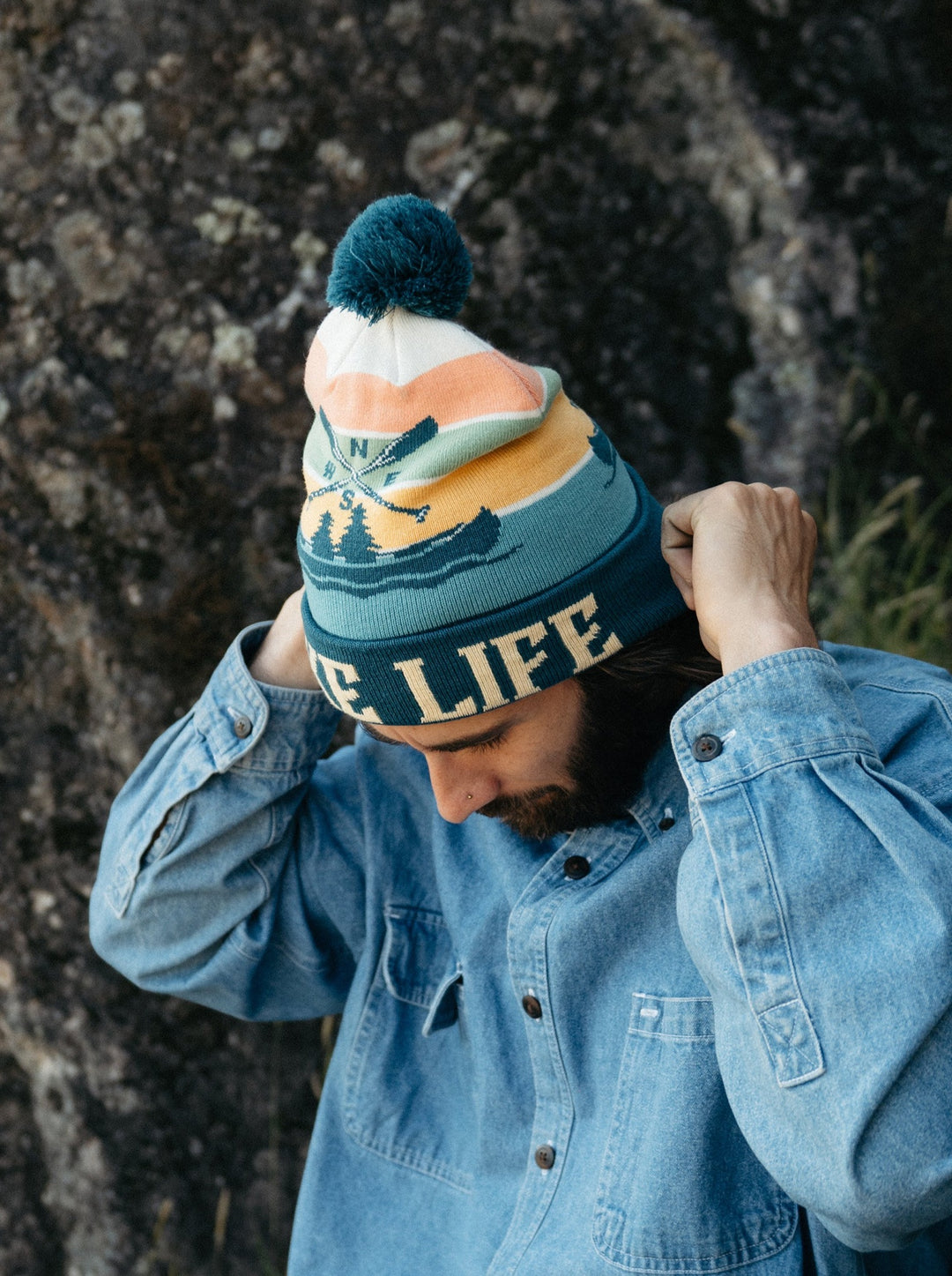 Lake Life Knit Beanie with Pom Pom Winter Hat Outdoor Canoe Adventure