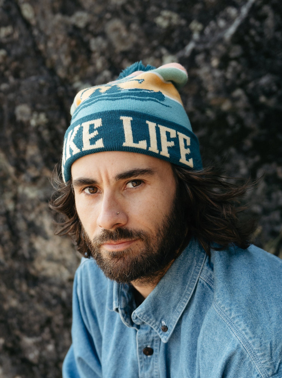 Lake Life Knit Beanie with Pom Pom Winter Hat Outdoor Canoe Adventure