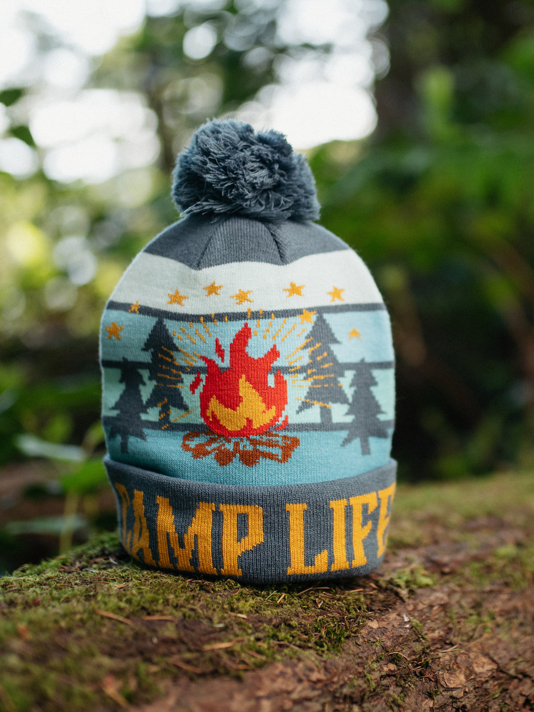 Camp Life Beanie Hat with Pom Pom, Warm Knitted Winter Cap for Camping