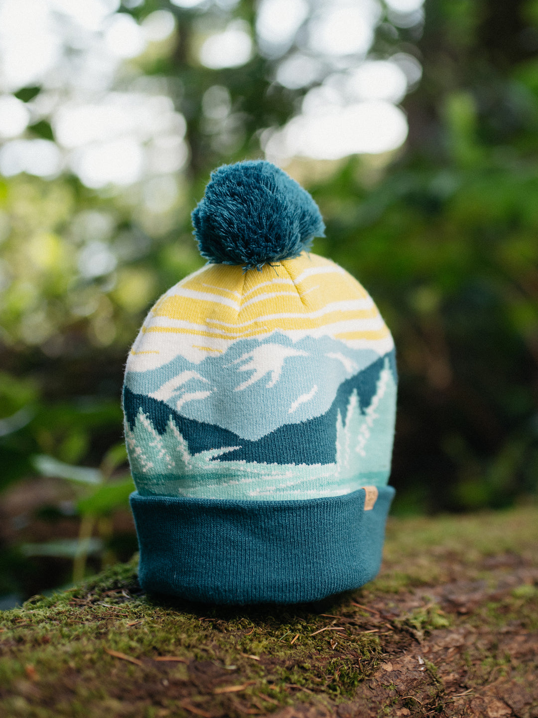 Olympic National Park Beanie Hat Outdoor Hiking Knit Cap with Mountain Sunrise Pom Pom