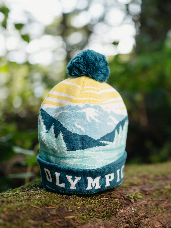 Olympic National Park Beanie Hat Outdoor Hiking Knit Cap with Mountain Sunrise Pom Pom