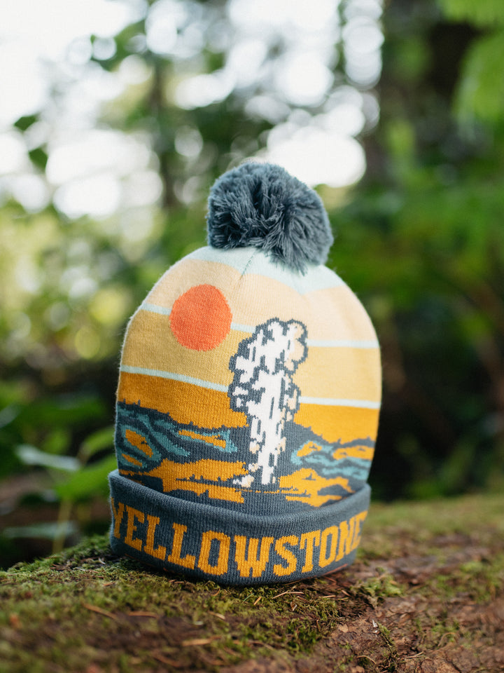 Yellowstone National Park Knit Beanie Hat with Pom Pom Winter Outdoor Geyser Design Cap