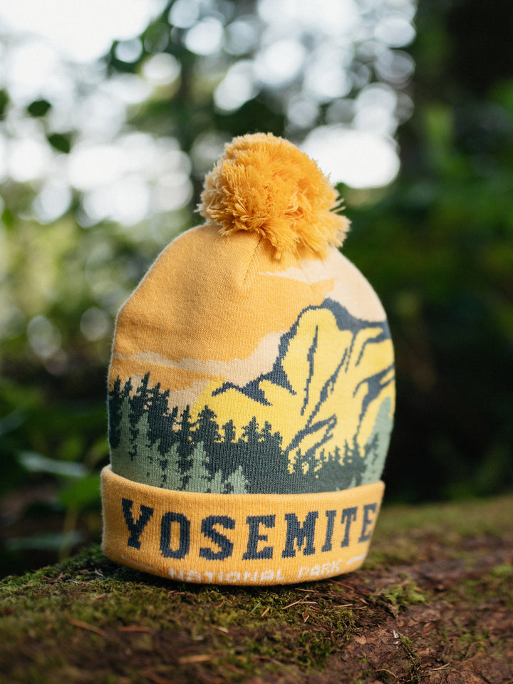 Yosemite National Park Beanie Hat Outdoor Hiking Knit Cap with Mountain Forest Pom Pom