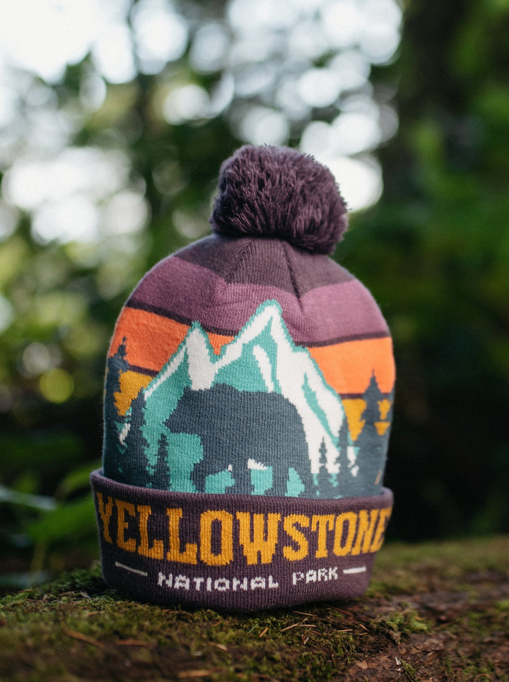 Yellowstone National Park Beanie Hat Outdoor Hiking Knit Cap with Bear Mountain Pom Pom