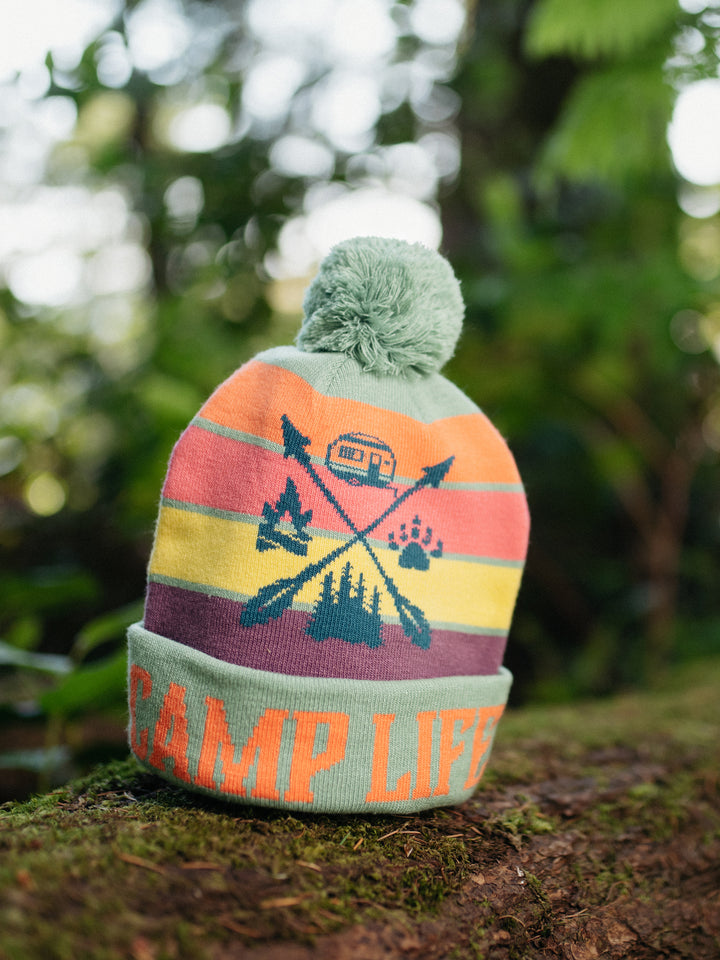 Camp Life Knit Beanie with Pom Pom Winter Hat for Camping and Outdoor Adventure