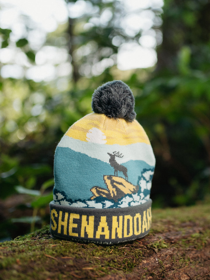 Shenandoah National Park Beanie with Deer Design, Pom Pom Knit Hat for Outdoors