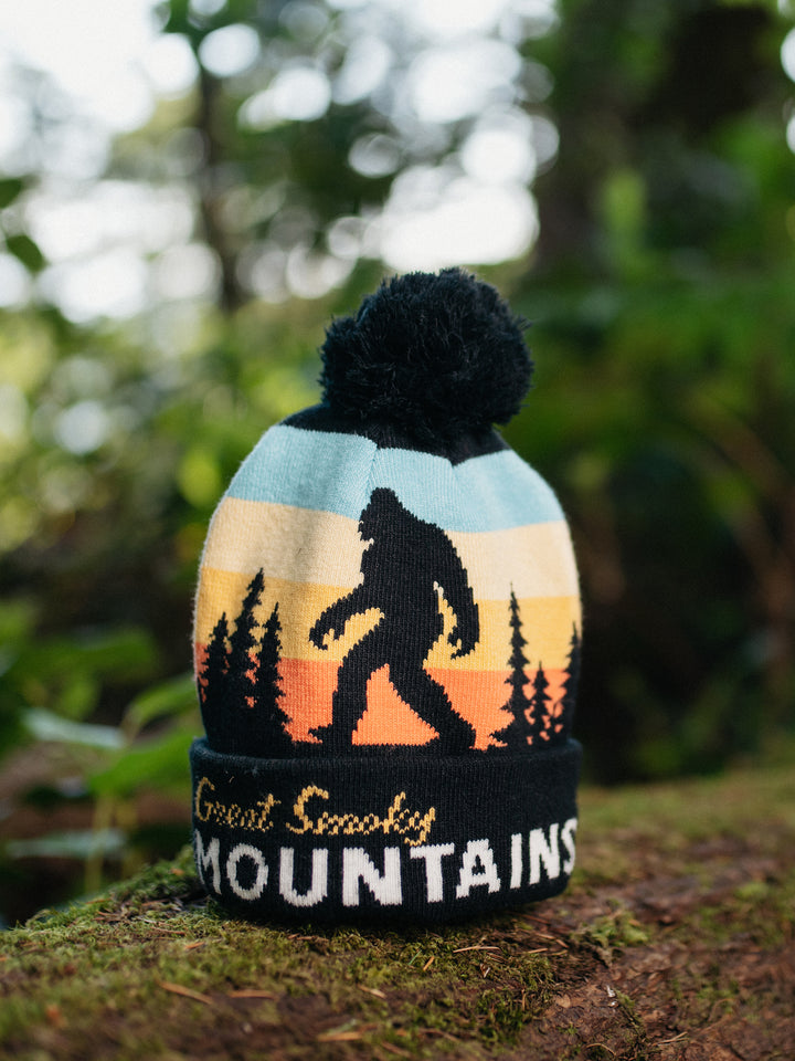 Great Smoky Mountains Beanie Hat with Pom Pom Bigfoot Sasquatch Hiking Knit Cap Gift