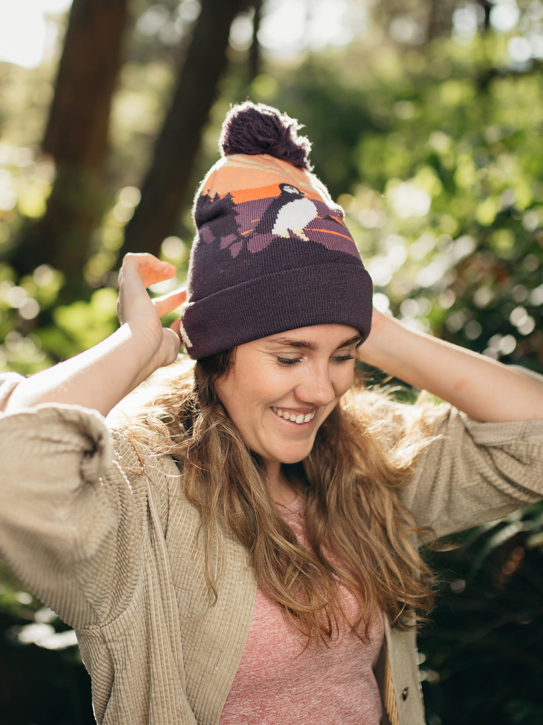 Acadia National Park Beanie Hat with Puffin Pom Pom Winter Knit Cap Outdoor Hiking Hat