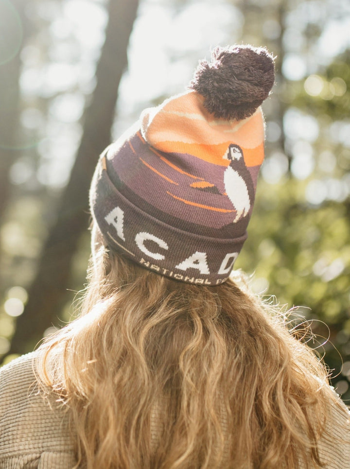 Acadia National Park Beanie Hat with Puffin Pom Pom Winter Knit Cap Outdoor Hiking Hat