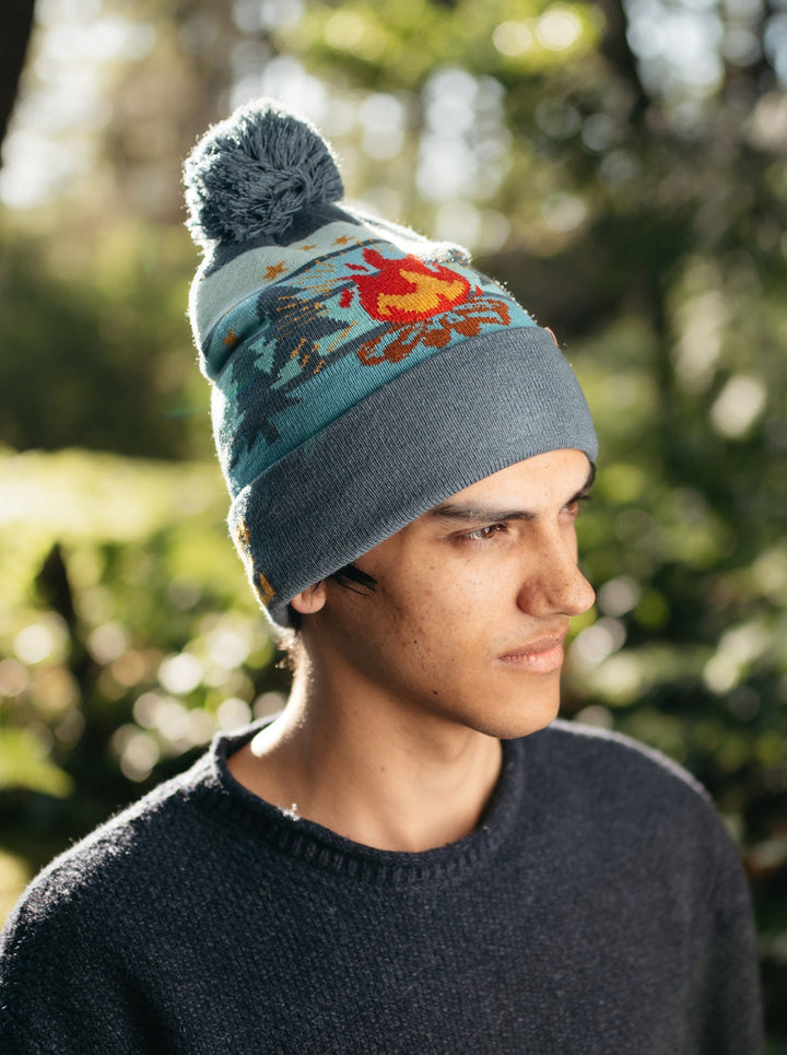 Camp Life Beanie Hat with Pom Pom, Warm Knitted Winter Cap for Camping