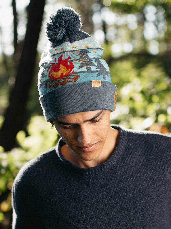 Camp Life Beanie Hat with Pom Pom, Warm Knitted Winter Cap for Camping