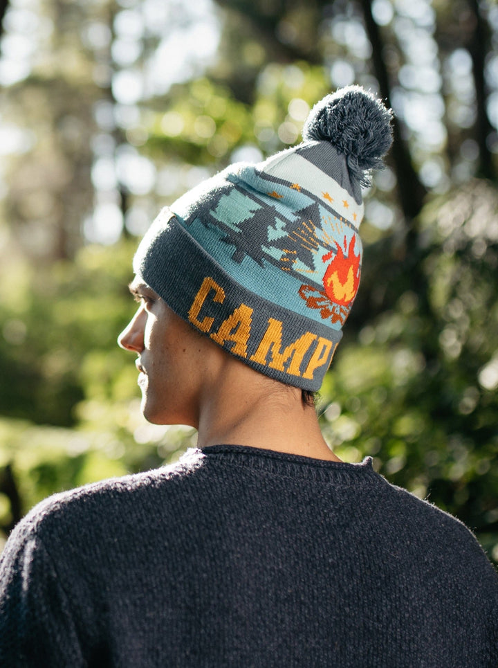 Camp Life Beanie Hat with Pom Pom, Warm Knitted Winter Cap for Camping