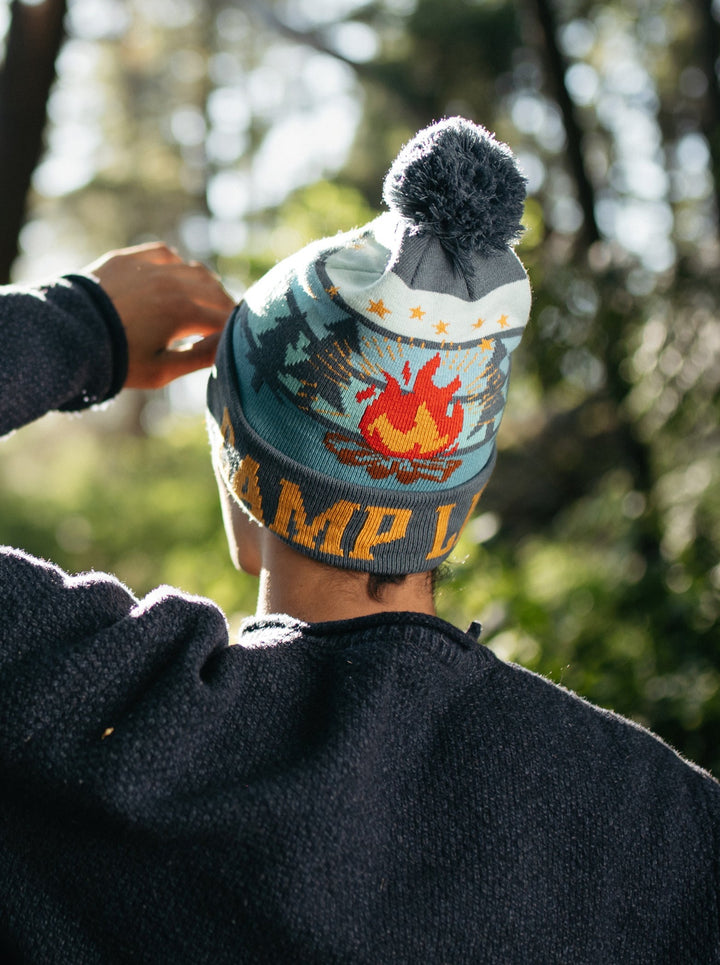 Camp Life Beanie Hat with Pom Pom, Warm Knitted Winter Cap for Camping