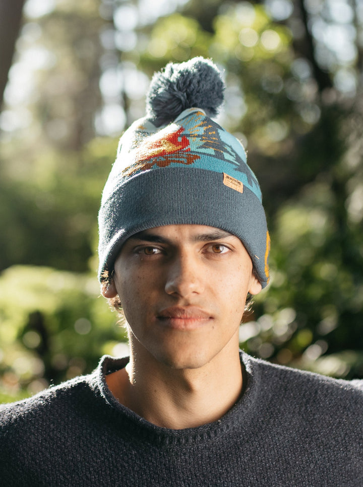 Camp Life Beanie Hat with Pom Pom, Warm Knitted Winter Cap for Camping