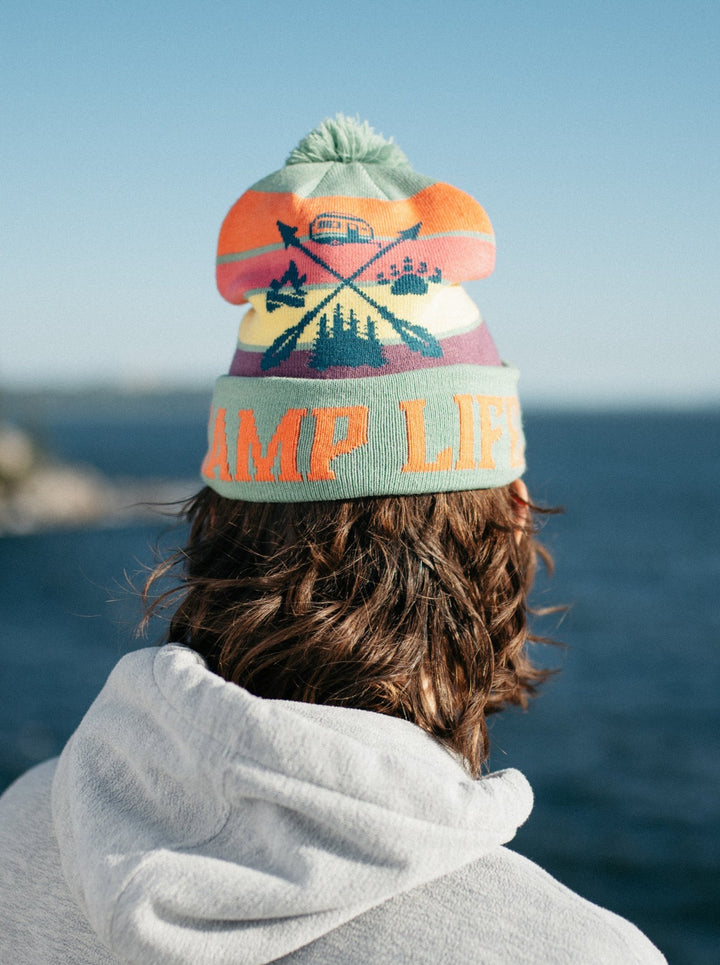 Camp Life Knit Beanie with Pom Pom Winter Hat for Camping and Outdoor Adventure