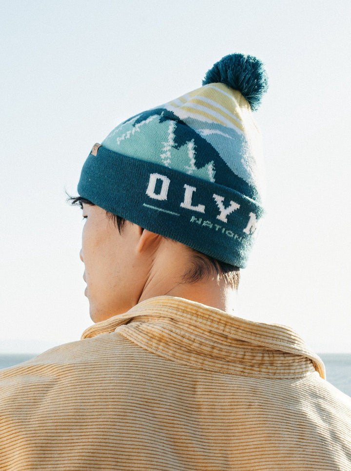 Olympic National Park Beanie Hat Outdoor Hiking Knit Cap with Mountain Sunrise Pom Pom