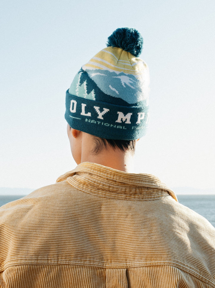 Olympic National Park Beanie Hat Outdoor Hiking Knit Cap with Mountain Sunrise Pom Pom