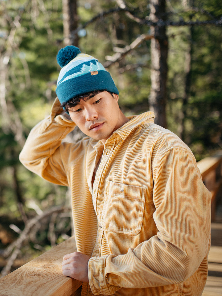 Olympic National Park Beanie Hat Outdoor Hiking Knit Cap with Mountain Sunrise Pom Pom