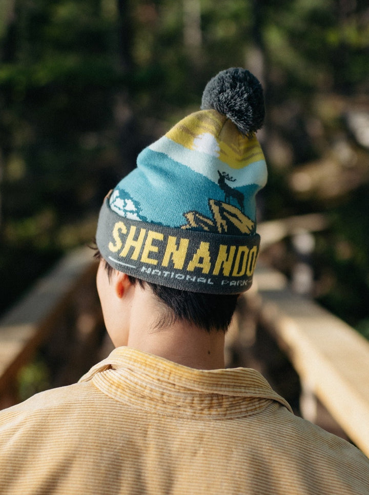 Shenandoah National Park Beanie with Deer Design, Pom Pom Knit Hat for Outdoors
