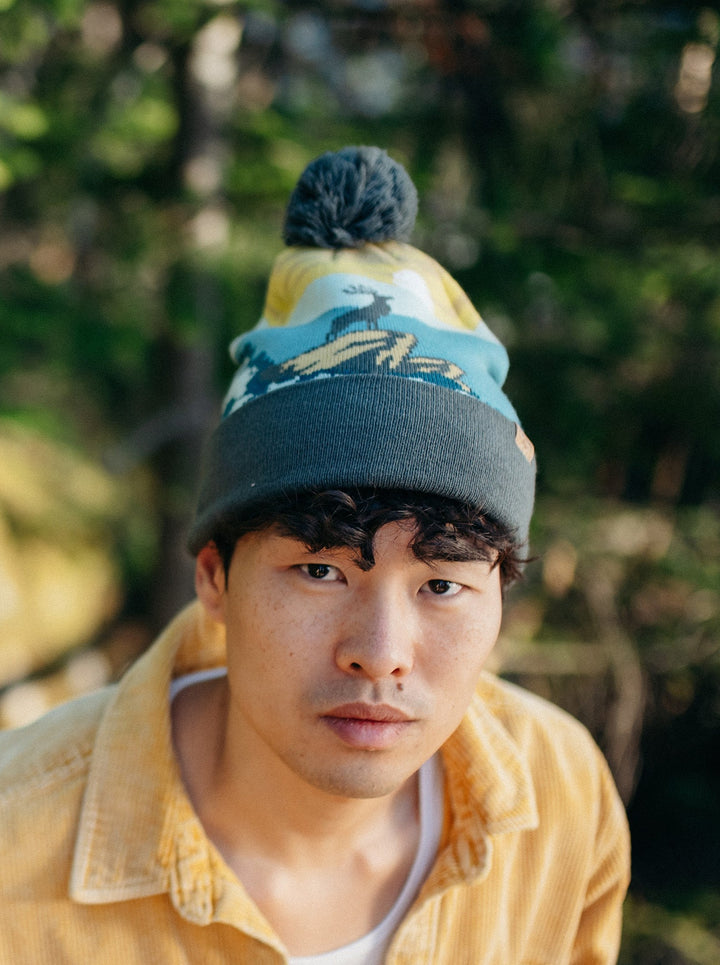 Shenandoah National Park Beanie with Deer Design, Pom Pom Knit Hat for Outdoors