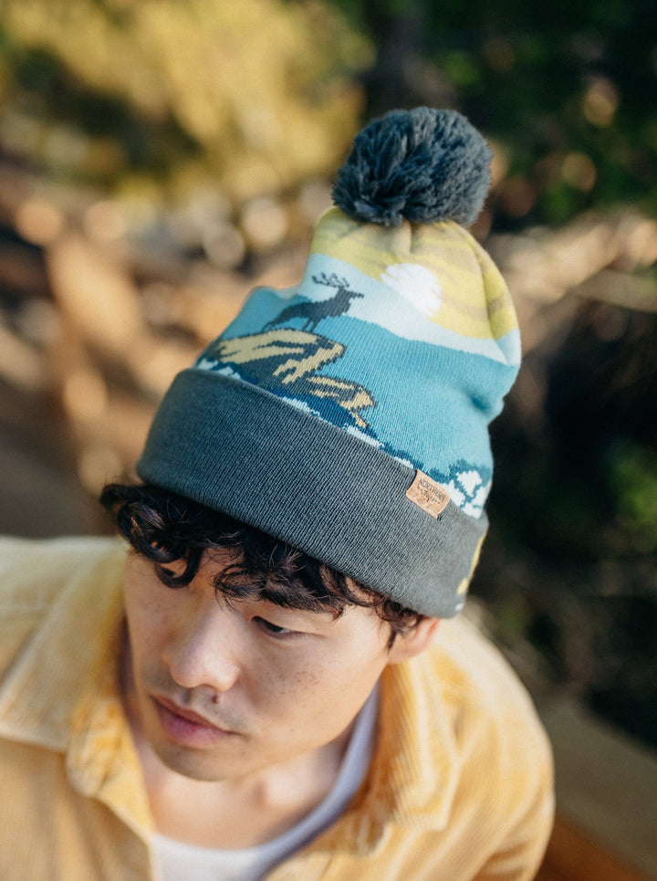 Shenandoah National Park Beanie with Deer Design, Pom Pom Knit Hat for Outdoors