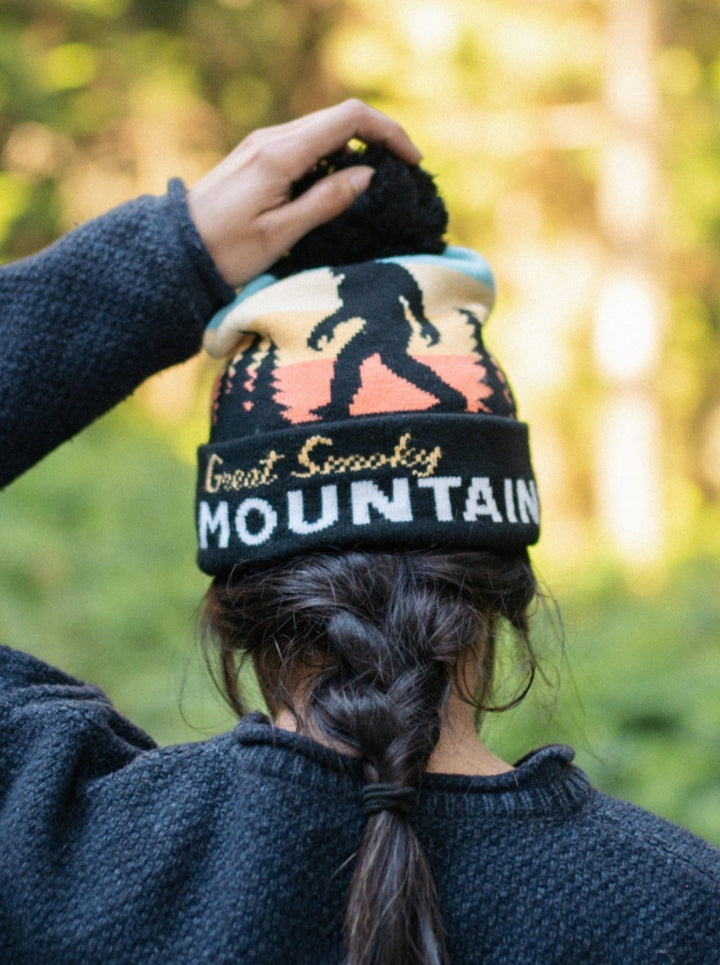 Great Smoky Mountains Beanie Hat with Pom Pom Bigfoot Sasquatch Hiking Knit Cap Gift
